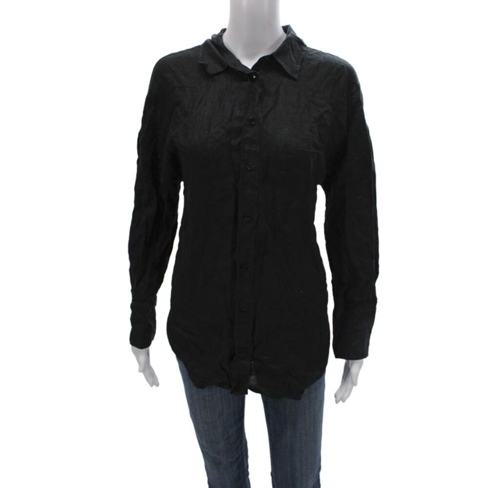 Zara Womens Basic Black Linen Collared Long Sleeve Button-Up Size M